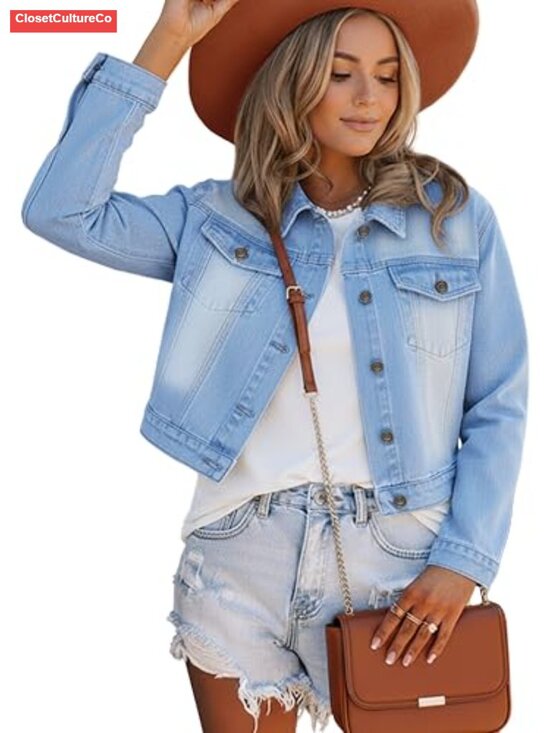 Jackets & Blazers - Crop Denim Jacket Women Lightweight Stretchy Button Up Jean Jacket